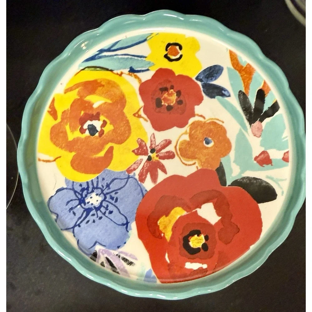 Pioneer Woman Ceramic Cup Cake Stand & Glass Cover Polka Dots and Floral Pattern